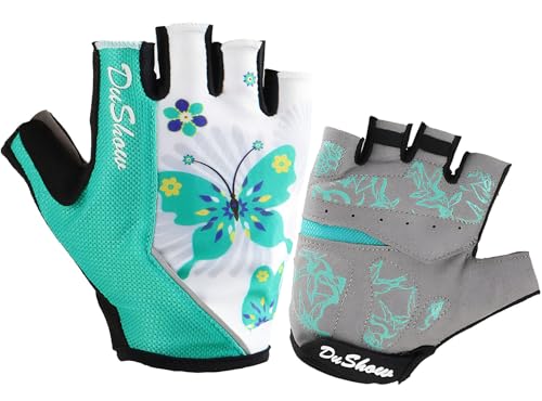 DuShow Women Half Finger Cycling Gloves, Butterfly Pattern Printed with Anti-Slip Shock-Absorbing Pad for Road/Mountain Biking, Gym - Short Fingerless(Green,L)