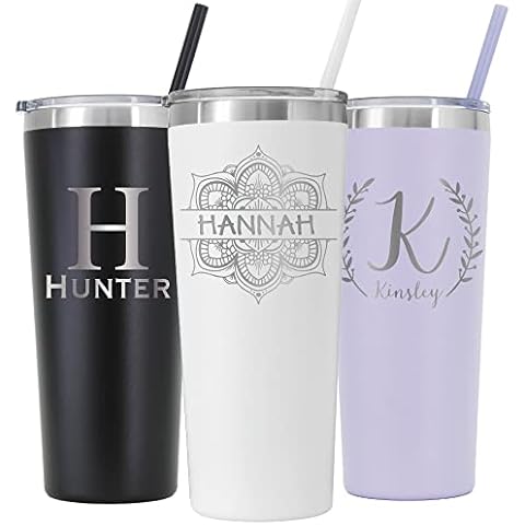 AVITO Laser Engraved Personalized Monogram 22 oz Stainless Steel Tumbler - Includes Straw and Lid - Vacuum Insulated - Bride, Groom, Party Gifts Cover