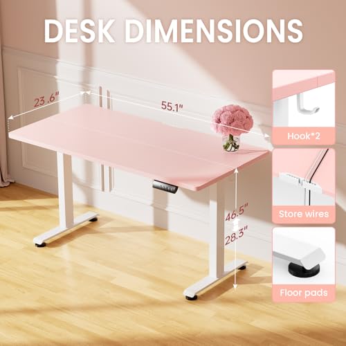 Image of Veken 55 Inch Large Electric Standing Desk, 4 Memory Heights Adjustable,Sit to Stand Up, Work Home Office Computer Table for Study, Walking Pad, Writing, and Games, Wooden Desktop Desks, Pink