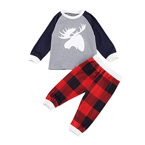 Kid Toddler Baby Girl Boy Christmas Outfit Long Sleeve T-Shirt Tops Pants Christmas Pajamas 2PC Xmas Clothes Set (Grey, 3-4 Years)