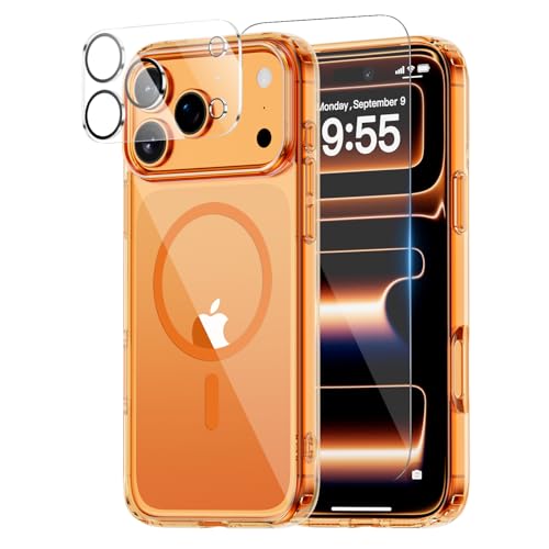 Coque iPhone 17 Pro Max orange compatible MagSafe avec protection ecran et objectif