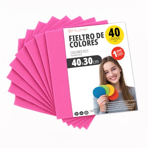 OFITURIA Fieltro para Manualidades DIY, Láminas de Tela de Colores Suaves y Flexibles para Costura, Patchwork, Proyectos Escolares, Arte Textil y Decoración 40x30cm (Fucsia, 40 uds)
