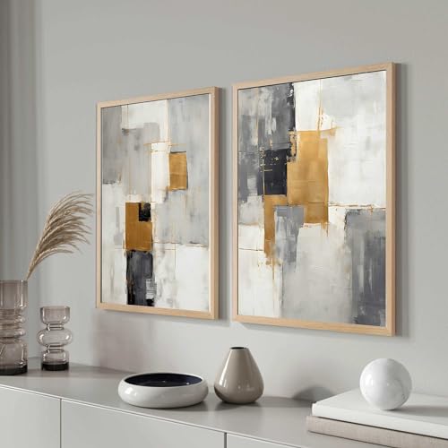 Quadros Decorativos com Moldura Abstrato Arte Dourado e Preto Sala Quarto Kit Conjunto 2