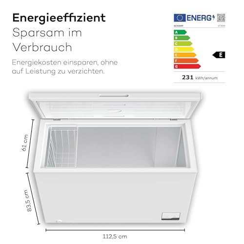 SCHOEPF – GT300S Gefriertruhe 299 L – Weiß – 83,5 x 112,5 x 61 cm – Energieklasse E – Schnellgefrieren – 41 dB – 231 kWh/Jahr – 4-Sterne-Kennzeichnung – Freistehend