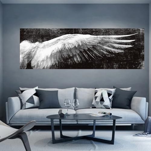 Art mural ailes vintage affiches plumes sur toile peinture noir blanc format 30x70 cm