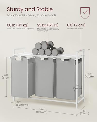 Image of VASAGLE Laundry Hamper, Laundry Basket, Laundry Sorter with 3 Pull-Out and Removable Bags, Shelf, Metal Frame, 3 x 10.6 Gallons (40 L), 36.4 x 13 x 28.4 Inches, Dove Gray and Cloud White UBLH301W03