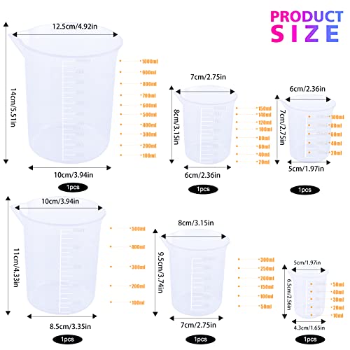 GZLFH Pack of 6 Laboratory Measuring Cups, Transparent Plastic Measuring Cups, 50 ml, 100 ml, 150 ml, 250 ml, 1000 ml - Image 2