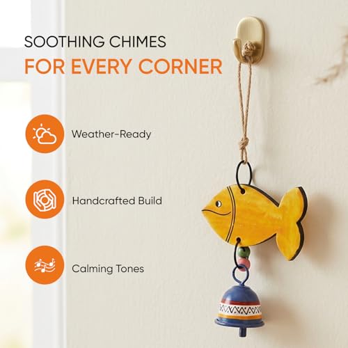 Image of Aakriti Art Creations Handpainted Orange Fish Wind Chime | Handmade Wooden & Metal Wind Chime | Matte Decorative Wind Chimes for Balcony, Garden & Home, Living Room & Gifting