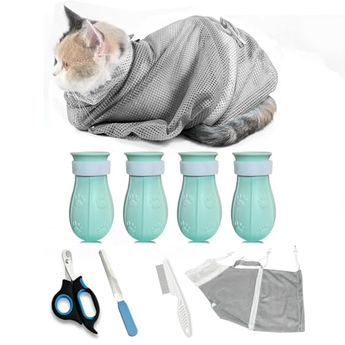 Image of 8 Piece Cat Grooming Supplies ,Adjustable Multifunctional Anti-Bite Shower net Bag,Cat Claw Covers,Cat Bath Brush and Cat Nail Clipper(Grey-B)