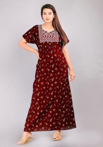 Image of DIAMO Pure Cotton Embroidery Nighty for Women, Cotton Night Gown, Night Maxi Gown, Cotton Nighty with a Pocket and Adjustable Knot