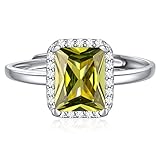 ChicSilver 8mm Emerald Cut Birthstone Promise Ring for Her, 925 Sterling Silver Simulated Peridot Gemstone Anniversary Wedding Engagement Band Rings for Women August Birthstone Jewelry
