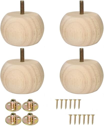 Xidouyuer Set of 4 Unfinished Solid Hardwood Round Bun Feet 2inches with M8 Bolt Predrilled for Furniture Ottoman Couch Cabinet Sofa Legs