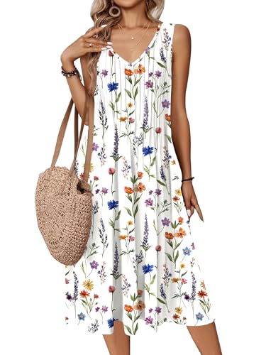 Image of Zeagoo Women Summer Casual Dresses 2026 Sleeveless Midi Pleated Tank Sundress with Pockets V Neck A Line Swing Tshirt Dress