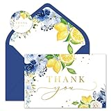 Whaline Blue Lemon Floral Thank You Cards Bulk Watercolor Flower Lemon Thank You Note Cards with Stickers Envelopes Foil Gold Blank Cards for Spring Summer Wedding Baby Shower, 24 Pack