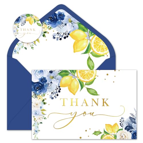 Whaline Blue Lemon Floral Thank You Cards Bulk Watercolor Flower Lemon Thank You Note Cards with Stickers Envelopes Foil Gold Blank Cards for Spring Summer Wedding Baby Shower, 24 Pack