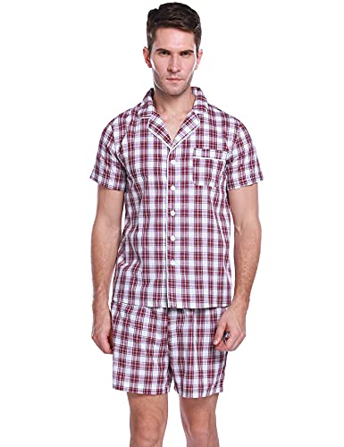 Aseniza Pyjama Court Homme Été Ensemble de Pyjama Homme Coton à Carreaux a Manches Courtes Vêtements De Nuit Loungewear Cover
