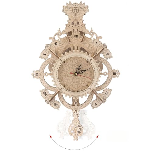 Adult 3D Wooden Puzzle Clock Set 23 Pieces Linden Wood Eco-Friendly Material DIY Mechanical Wall Clock/Pendulum Clock Roman Numeral Dial Stunning Decor for Living Rooms, Study Rooms, or Galleries