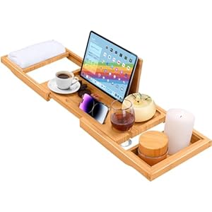 ADOV Badlade, uitschuifbare luxe home spa natuurlijke bamboe houten badkuip plank plank met ingebouwde houder voor boek iPad tablet telefoon glazen kaars, verstelbare bad Caddy Bridge past