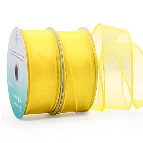 Ct Craft Llc Sheer Organza Wired Ribbon For Home Decor, Gift Wrapping, Diy Crafts, 1.5” X 25 Yards X 2 Rolls - Yellow #TOP23