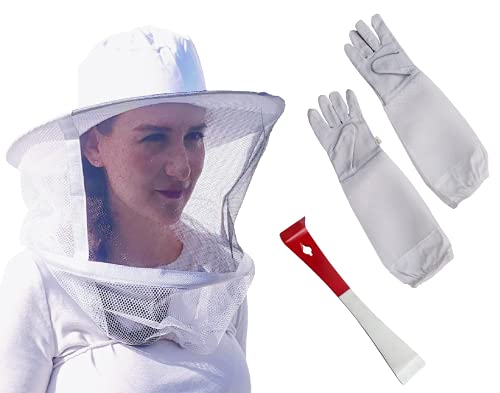 REGIVA Beekeeping Supplies - 3 Essential Bee Hive Tools - Bee Hat - Bee Veil - Beekeeper Hat and Veil - Beekeeping Gloves, Bee Hive Tool - Bee Hives and Supplies Starter kit -
