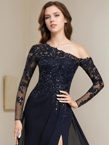 Sheath Dress Mother of The Bride Dress Elegant One Shoulder Floor Length Chiffon Long Sleeve Lace Solid Color 20253