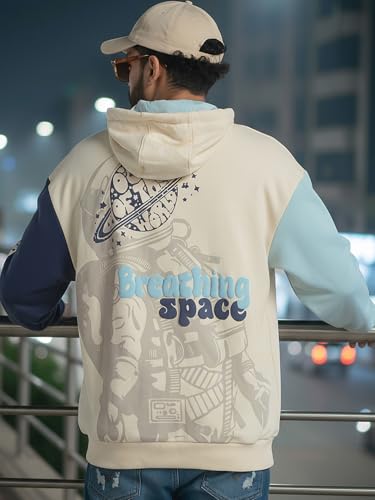 Image of Bewakoof Men's Printed Oversized Fit Full Sleeve Cotton Poly Hoodies