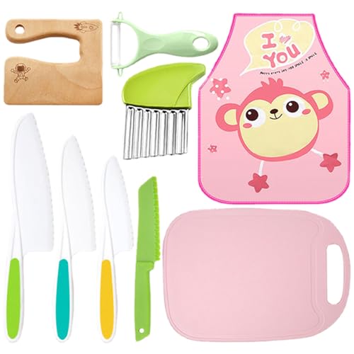 Children's Wooden Set - Children's Wooden Food Preparation Tools, Child Safe and Fun Wooden Kitchen Knives | Perfect Cooking and Baking Activities, Includes Ergonomic Handle, multicoloured,