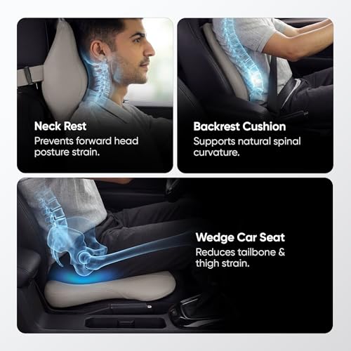 Image of Frido Premium Car Comfort Bundle with Memory Foam Neck Rest, Lumbar Backrest and Wedge Seat Cushion Set of 3, Ergonomic Neck Back and Tailbone Support for Long Drives and Daily Commutes | Ivory