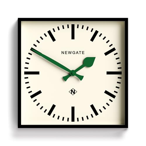 NEWGATE® Number Five Wall Clock | Square Retro Inspired Modern Station Clock | 16 inch | Black with Green Hands | Mid Century Style for Kitchen, Living Room or Office