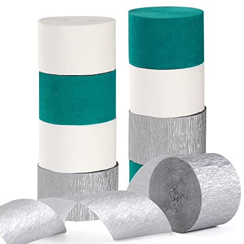 Image of Teal-Turquoise White Silver Party-Decorations Streamers - 9 Rolls Woman Girl Birthday Crepe Tissue Paper Streamer Graduation Wedding Bachelorette Engagement Bridal Baby Shower Garland Decor Panduola