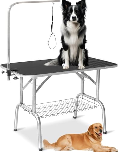 TUIYIDUO トリミングテーブル 折りたたみ式 グルーミングテーブル ペット用 天板 116×60cm 耐荷重 150kg 滑り止め付き シャンプー・カット・爪切り対応 大中小型犬対応 組立簡単 ペットショップ・家庭用 (ブラック,116×60×68.8cm)