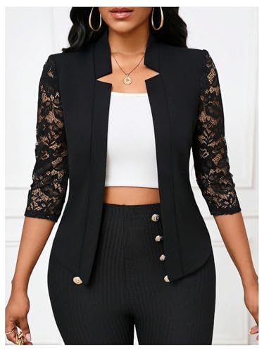 SHENHE Women's Floral Lace 3/4 Sleeve Open Front Work Office Notch Lapel Blazer Jacket4