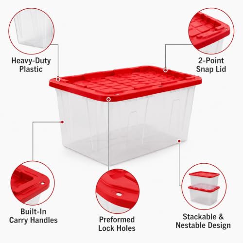 Image of Storage Bins 27 Gal Clear with Red Snap Lid 4 Pack for Garage | 4-Pack 27 Gallon Clear Storage Bins - Red snap lids with 2-point closure. Built-in handles and stackable design.