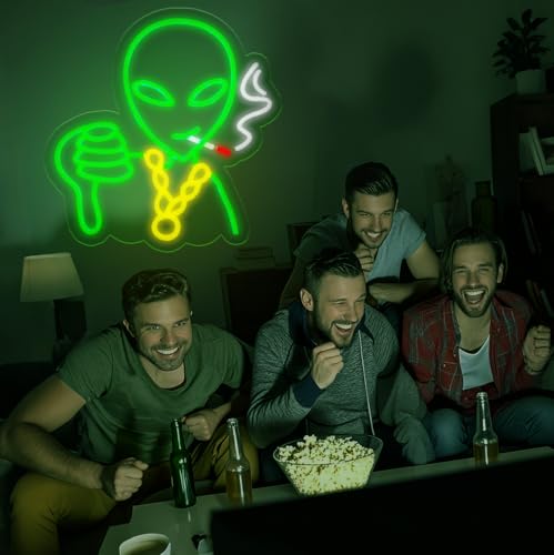 Image of Retro Alien Neon Sign for Wall - Dimmable RGB LED Art with USB Power, 12.7x13 Inch Man Cave Lighting, Gaming Room Decor, Alien Themed Party & Gifts for Men