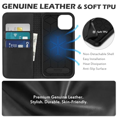SHIELDON Wallet Case for iPhone 13 Mini, Genuine Leather Flip Case [Card Slots][RFID Blocking][Magnetic Closure]Kickstand[TPU Shockproof] Folio Cover Compatible with iPhone 13 Mini 5.4" 5G 2021, Black - Image 7