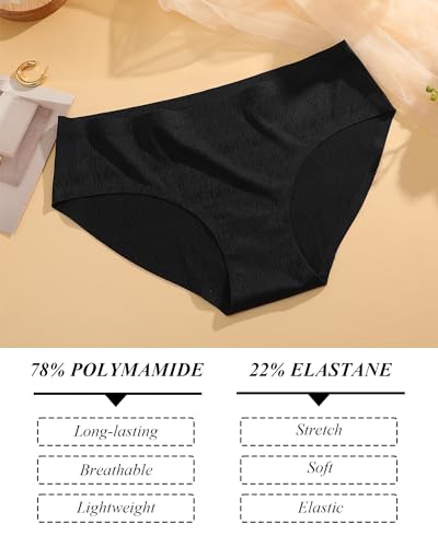 Image of Seamless Underwear for Women No Show Cheeky Low Rise Bikini Jacquard Soft Ladies Panties Breathable Stretch Hipster 6 Pack, Medium Black