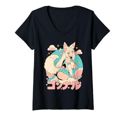 Damen Anime Waifu Süßes Anime-Manga-Katzenmädchen, süßes Retro-Design, Japan T-Shirt mit V-Ausschnitt