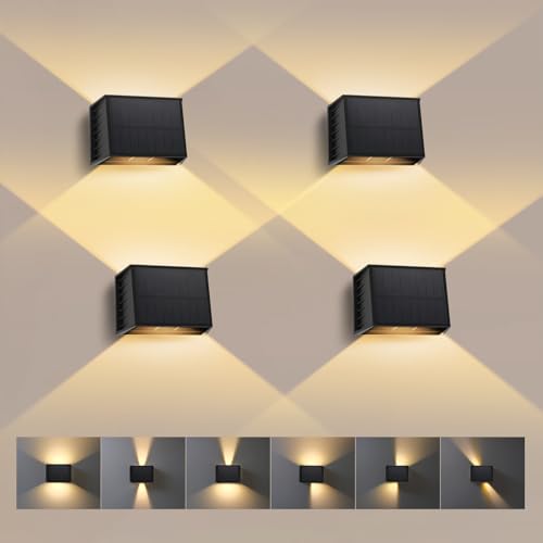 T-SUN 4 Stücke LED Wandleuchten für Außen, 3000K Warmweiß Solar Wandlampe mit Auf und ab Einstellbarer Lichtstrahl, 240° Abstrahlwinkel, LED Außenwandleuchte für Wand Garten Zaun