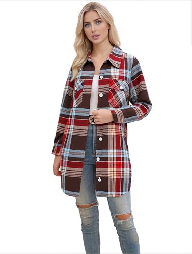 Image of SANGTREE Women and Girls Oversized Flannel Plaid Shirt Mid-Length Casual Button Down Shirt with Pockets