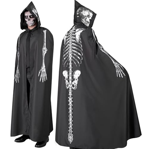 Cape squelette avec capuche adulte 150 cm déguisement Halloween noir