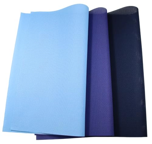 Image of KCS 3 pc of 15 inch x 18 inch(38cmx45cm) 11 Count Cross Stitch Cotton Aida Cloth Needlework Rolled Fabric Box,11CT,Light Blue+Royal Blue+Navy Blue
