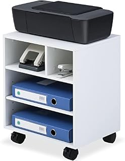 FITUEYES Printer Stand Wood White Desk Side Mobile 4 Storage with Wheels 40x30x48.5cm PS404005WW