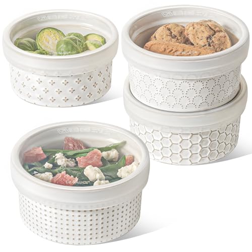 LE TAUCI Ramekins Oven Safe with Lids, 12 oz Ramikin Set for Creme Brulee, Souffle, Dipping Sauce, Onion Soup, Ceramic Food Storage Container - 5 inch, Set of 4, Arctic White