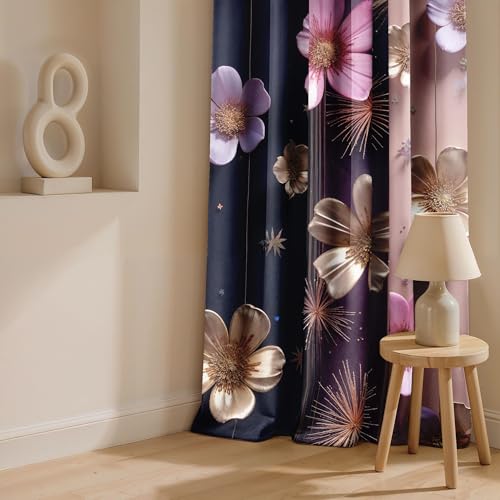 Image of Ultimate Trends Room Darkening Digital Printed 3D Prints Curtain 65-70% Opacity,Diamond Eyelets, Tie Back, Floral Decorated, 5 FEET Pack of 2,Midnight Blue