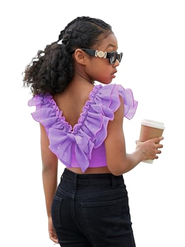 Image of WDIRARA Girl's Ruffle Trim Bow Back Tiered Layer Square Neck Wide Strap Slim Fit Crop Cami Top