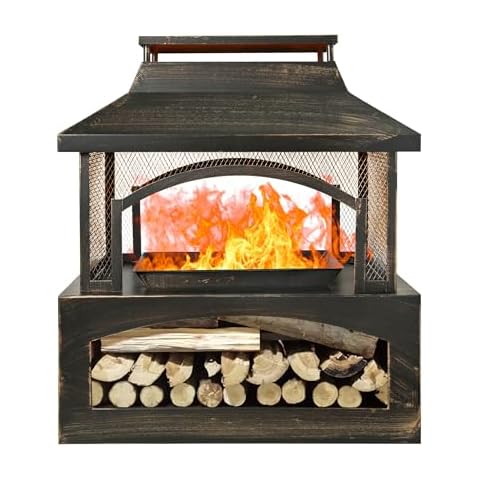 ZENITHLIVING Outdoor Wood Burning Fireplace, Black Steel, 32.3x17.7x36.8 Inch, with Log Storage, Mesh Screen, Chimney Design, Fire Pit for Patio, Backyard Cover