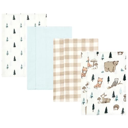 Image of Hudson Baby Unisex Baby Cotton Poly Flannel Burp Cloths, Boy Woodland Pals 4-Pack, One Size