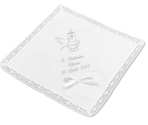 Fazzoletto Battesimo bimbo bimba personalizzato con ricamo nome e data 100% cotone Made in Italy Gi.Con (con fiocco, argento)