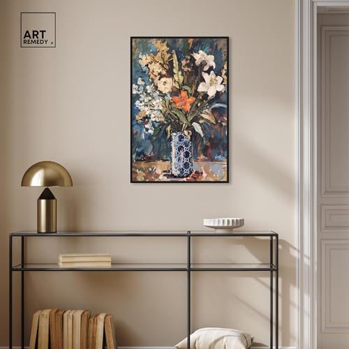 Image of Art Remedy Blue Floral Vase Canvas Floral Vase Wall Art, Black Frame, 20 inch x 30 inch