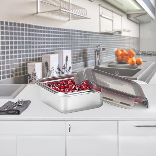 Image of MILTON New Modulo Steel Square 850 Container with lock lid|Airtight & Leakproof|Microwave & Oven safe| Light Weight | School, Office or Picnic use, 800 ml, Silver